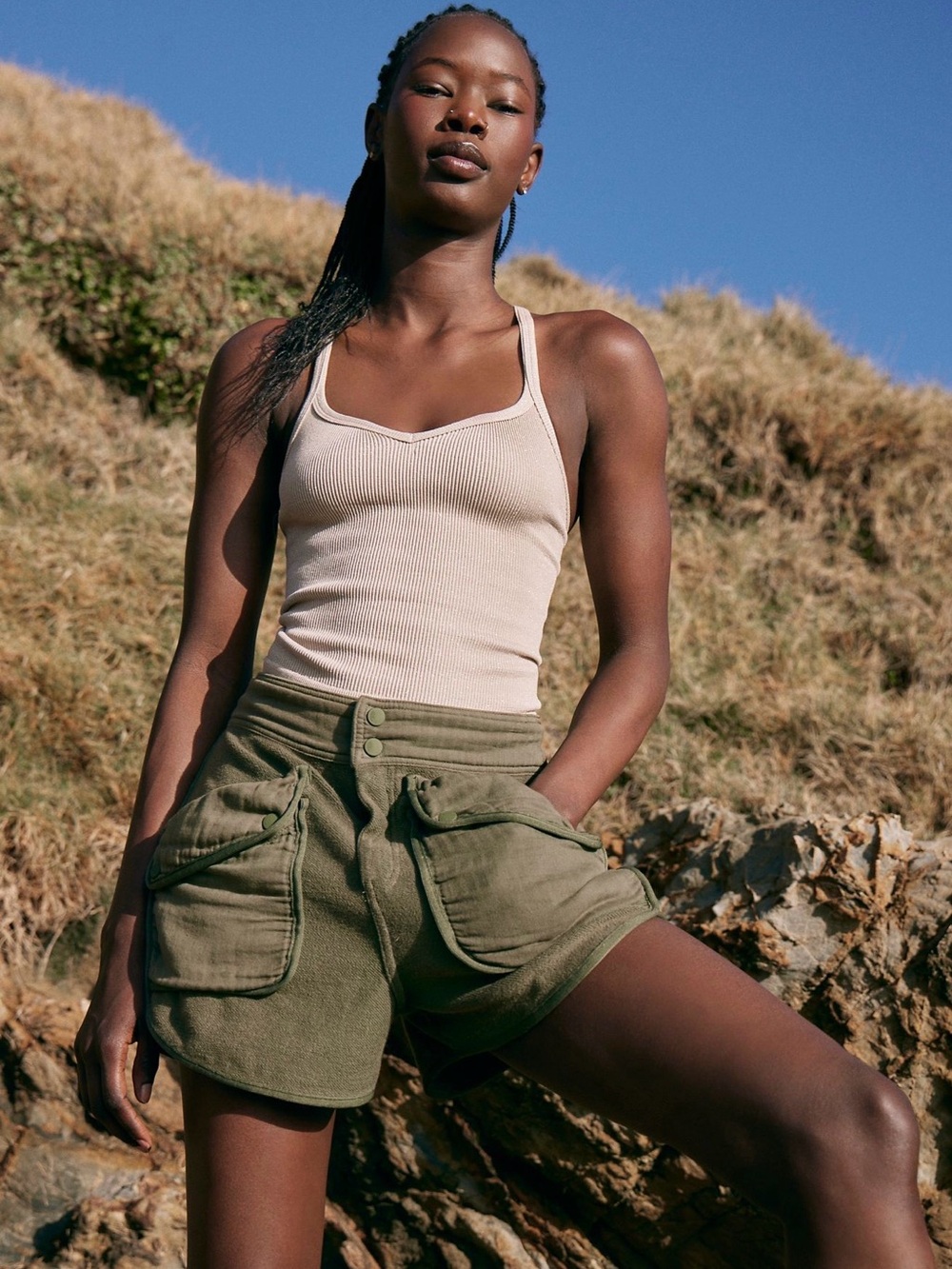 ✨Free People, Timko Utility Cargo Shorts XS Seagrass Snap Pocket High Rise ✨